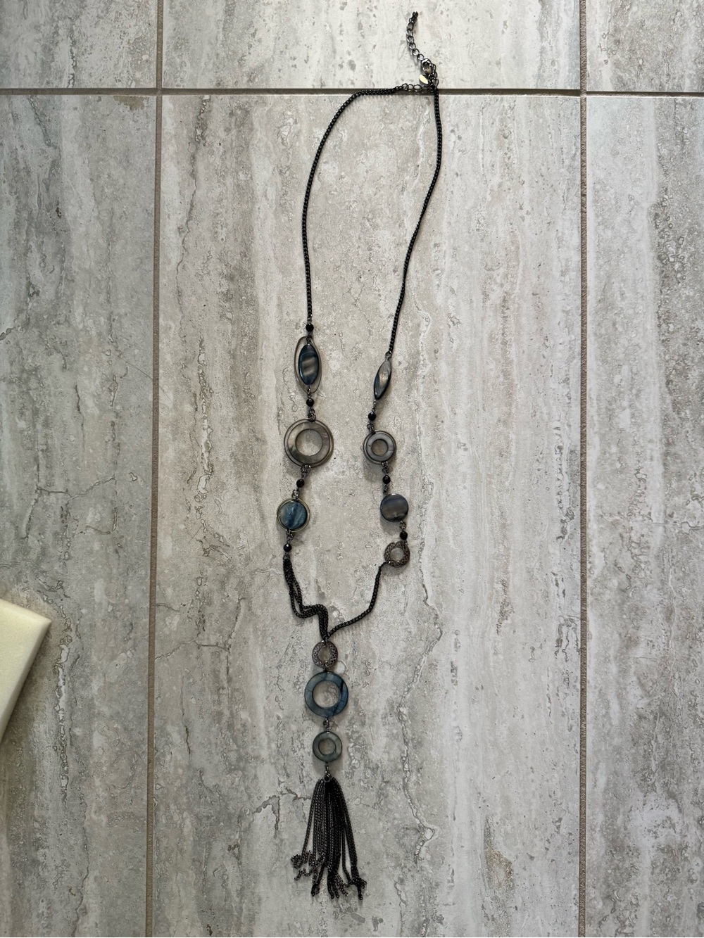 Lia Sophia Speakeasy Blue and Black Long Circle Pendant Tassel Necklace